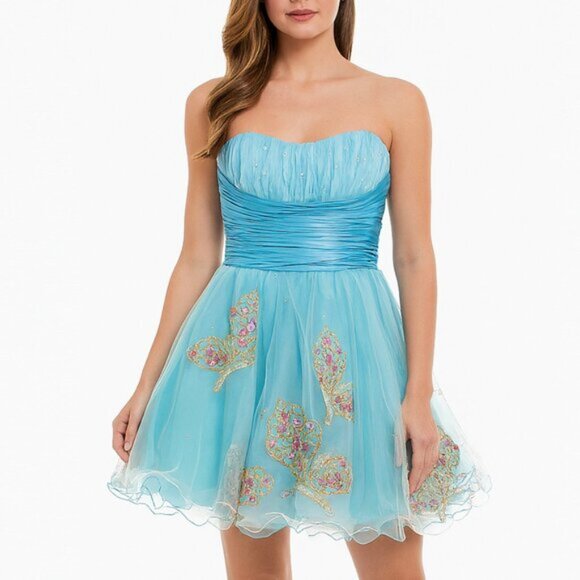 RARE Sherri Hill Green Butterfly Crystal Strapless Tulle Mini Gown Dress b56E - Picture 10 of 11